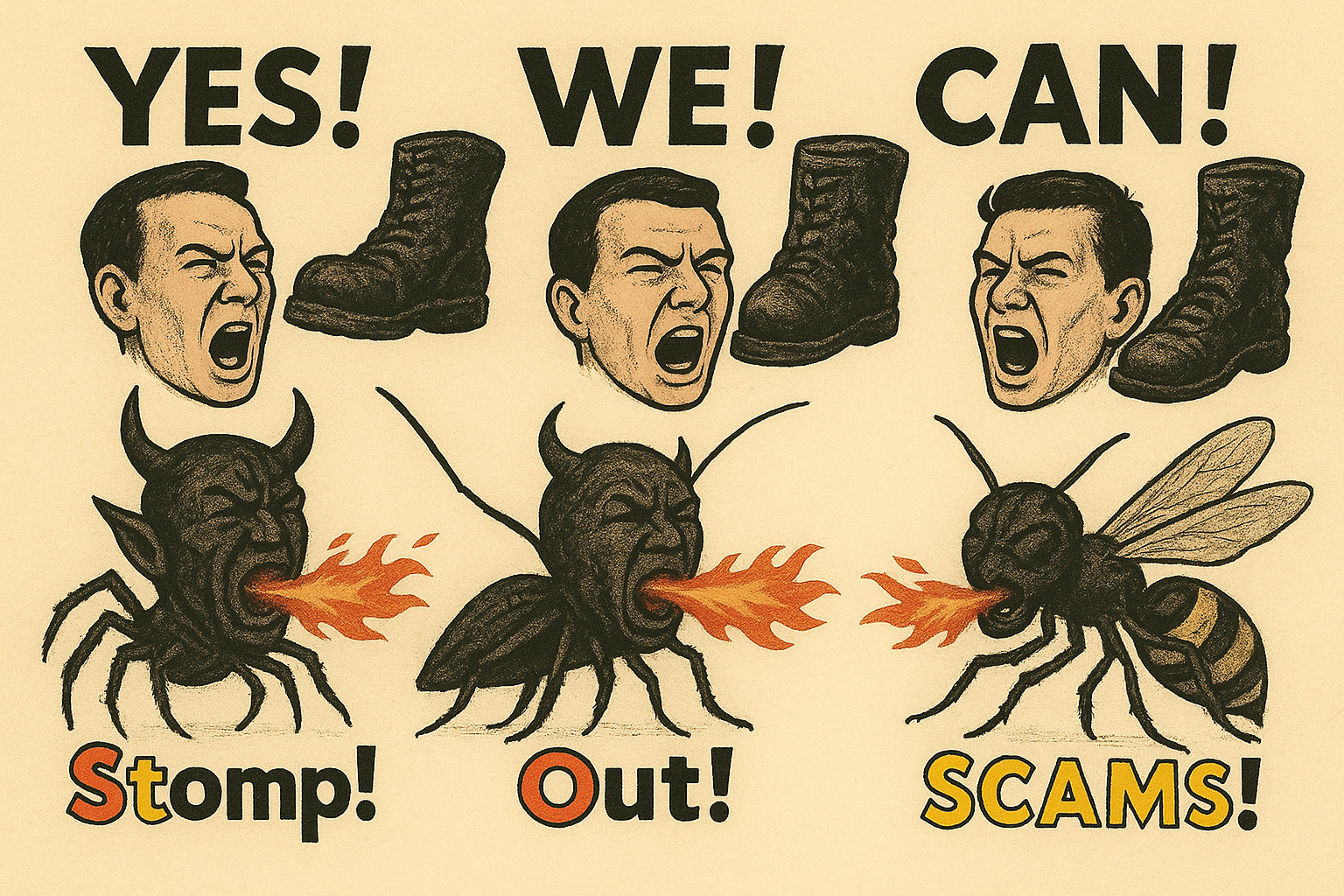 scam911 logo Demon creatures w/combat boots above each & the words "YES! WE! CAN! STOMP! OUT! SCAMS!
