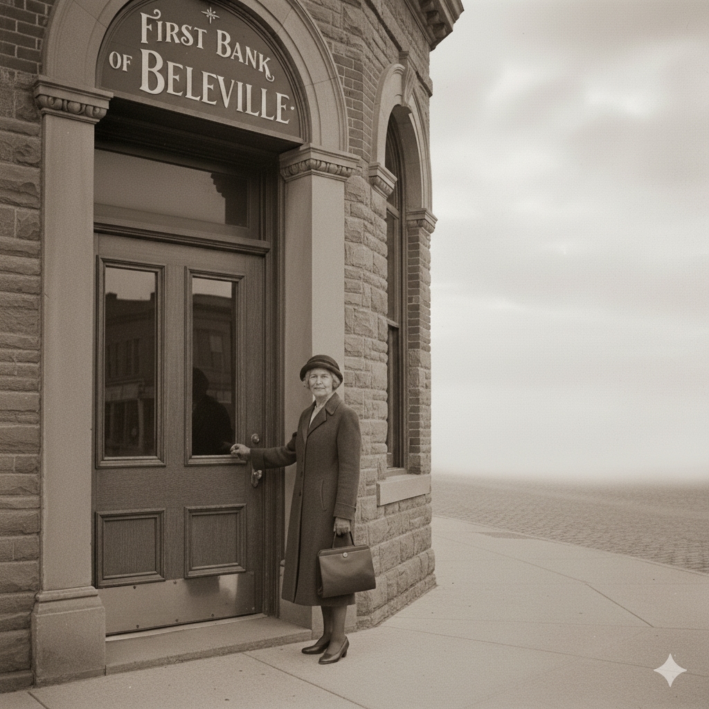 Picture of a woman opening the door of the First Bank of Belleville.